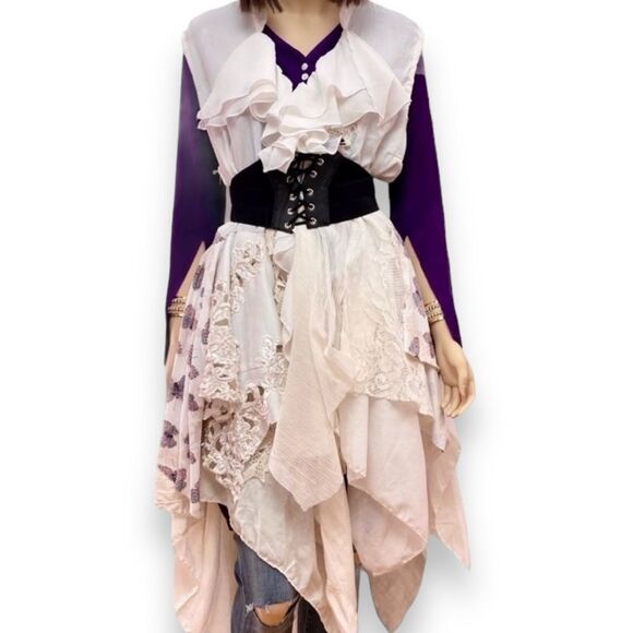 Festival Sleeveless White Ruffle Multi Tiered Uneven Long Kimono Jacket - Picture 2 of 4